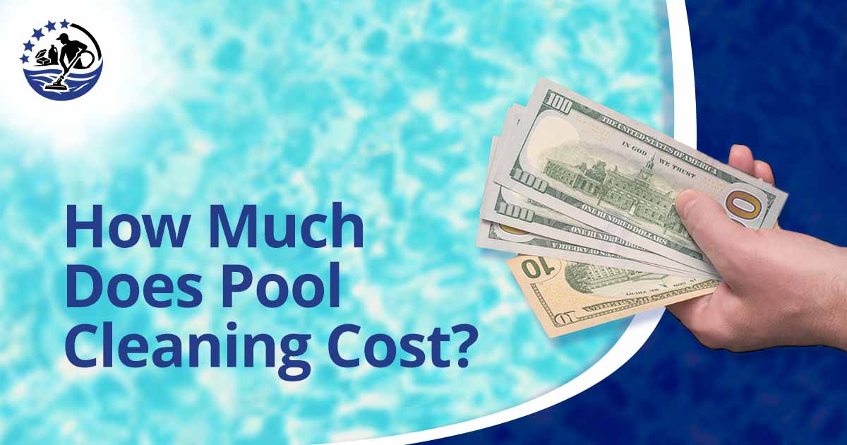 Image of female hands holding money bills over a blue background, featuring Top Pool Cleaners Near Me and highlighting the question: How much does pool cleaning cost?