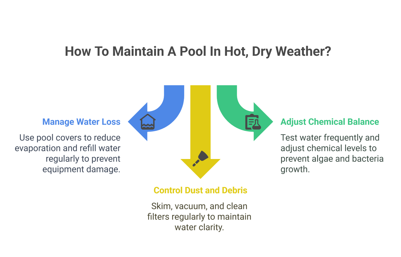 Image of infographics featuring Top Pool Cleaners Near Me and highlighting tips on how to maintain a pool in dry and hot weather.